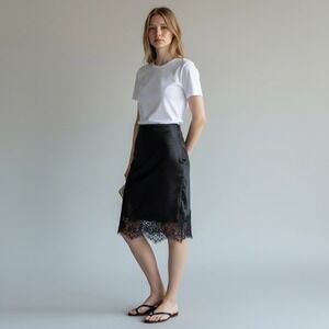 SKIES ARE BLUE Womens Black Satin Lace Trim Midi Skirt Size L New Goth Grunge